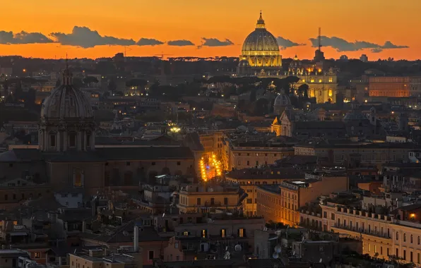 Picture lights, the evening, Rome, Italy, panorama, St. Peter's Cathedral