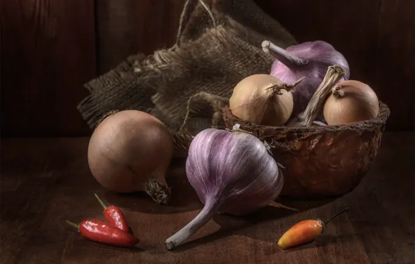 Table, bow, pepper, bowl, still life, burlap, garlic