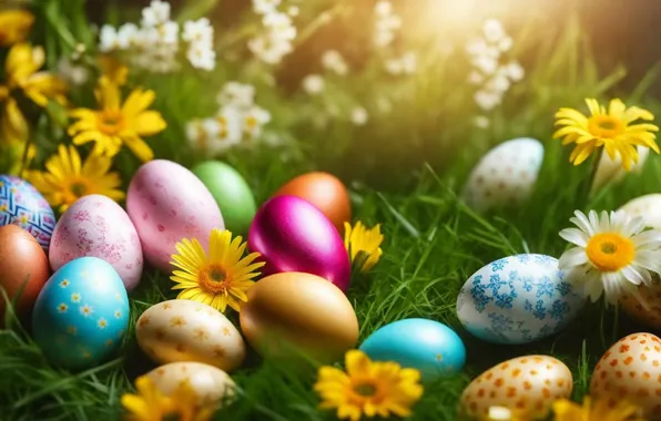 Picture flowers, eggs, spring, colorful, Easter, happy, flowers, spring