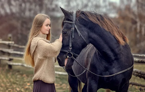 Autumn, girl, nature, animal, horse, horse, skirt, profile
