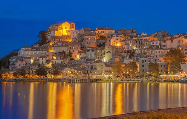 Lake, building, home, Italy, night city, Italy, Lazio, Anguillara Sabazia