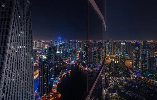 Night, the city, reflection, skyscraper, window, Dubai