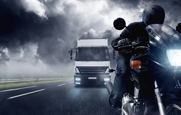 Road, clouds, bad weather, motorcyclist