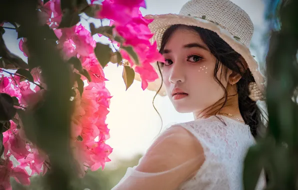 Girl, light, flowers, branches, portrait, spring, hat, pink