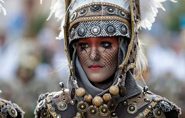 Look, girl, metal, face, eyelashes, style, portrait, feathers