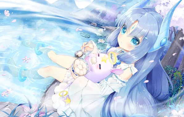 Flowers, Girl, Lake, Anime, Food, Animal