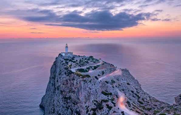 Picture road, sea, the sky, clouds, sunset, rocks, shore, lighthouse