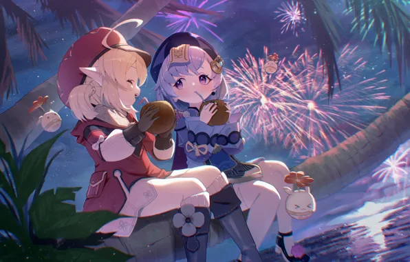 Water, palm trees, girls, juice, fireworks, Genshin Impact, Qiqi, Clover