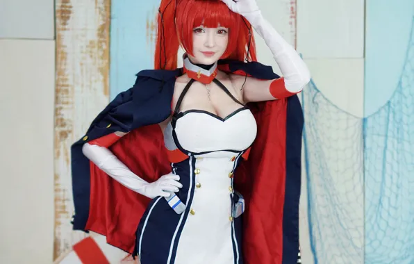 Girl, sexy, cleavage, thighhighs, red hair, long hair, dress, boobs