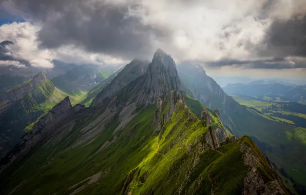 Greens, clouds, light, mountains, fog, vegetation, the slopes, tops