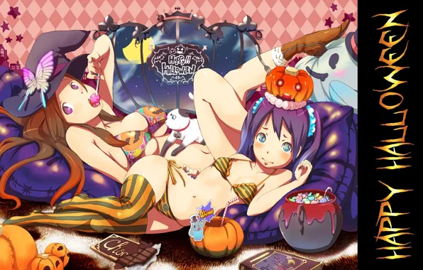 Kitty, chocolate, pillow, sweets, bikini, Happy Halloween, witch, striped stockings