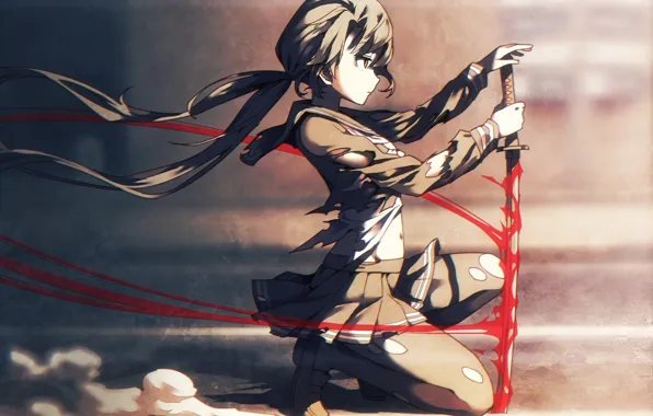 The wind, blood, katana, schoolgirl, torn clothes, Chihaya Kisaragi, Idolmaster