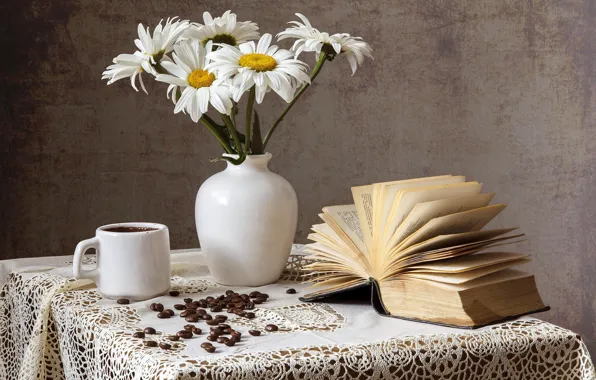 Coffee, chamomile, grain, bouquet, Cup, book, vase, still life