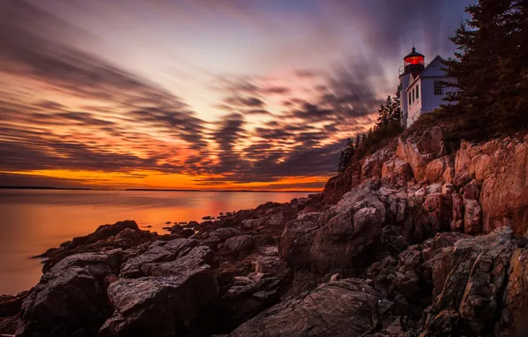 Picture sea, the sky, clouds, rocks, lighthouse, the evening