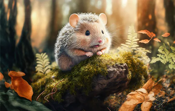 Autumn, forest, leaves, nature, rendering, graphics, stump, animal