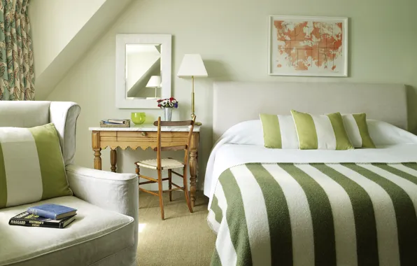 Green, strip, books, bed, bedroom