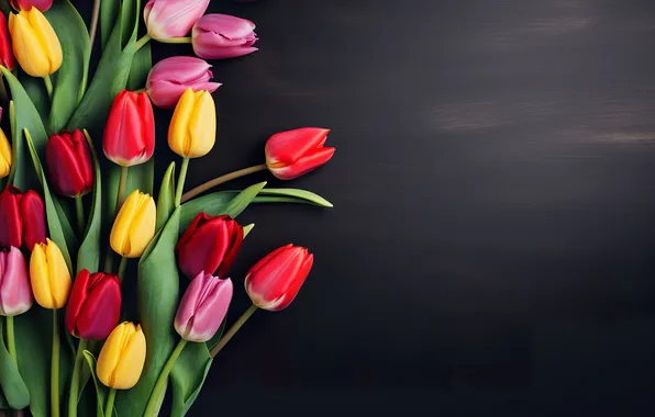 Picture flowers, bouquet, colorful, tulips, wood, flowers, tulips, spring