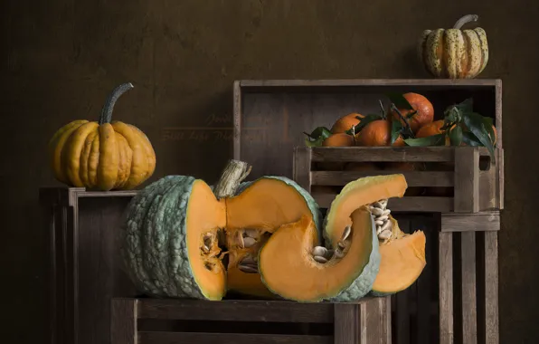 Pumpkin, boxes, tangerines