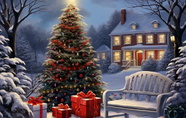 Picture winter, snow, decoration, night, tree, New Year, Christmas, house