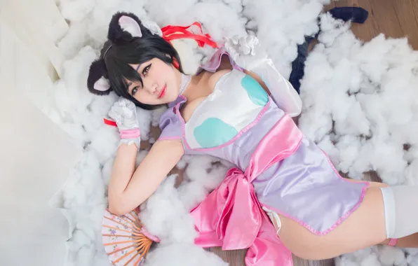 Cat, chest, look, girl, face, sexy, pose, smile