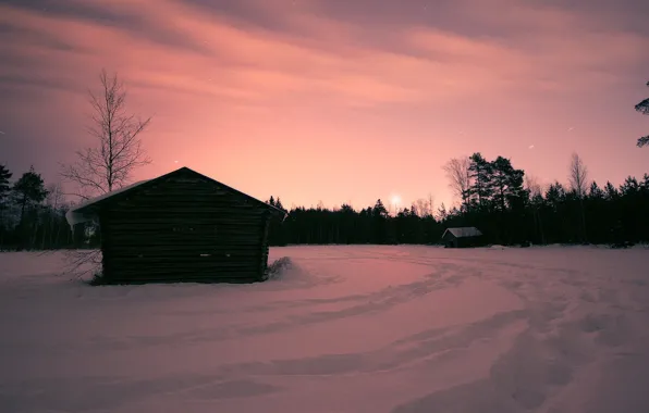 Winter, snow, sunset, house