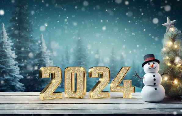 Picture winter, snow, figures, New year, snowman, golden, winter, snow
