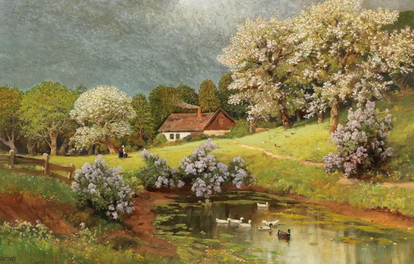 Alois Arnegger, Austrian painter, Austrian painter, oil on canvas, Alois Arnegger, Spring landscape with ducks, …