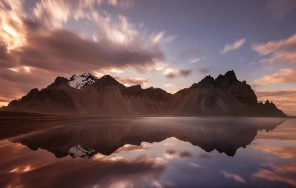 Landscape, sunset, mountains, lake, reflection