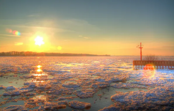 Ice, the sky, the sun, snow, sunset, nature, river, photo