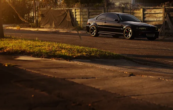 Road, black, bmw, BMW, the fence, black, barbed wire, e46