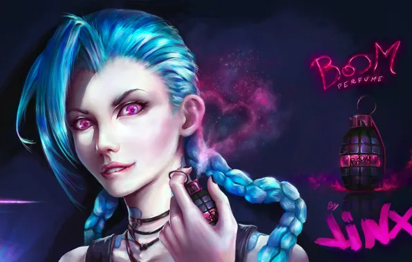 Girl, face, pomegranate, League of Legends, perfume, Jinx, Loose Cannon