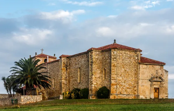 Wallpaper temple, palm trees, Cantabria, Spain, clouds
