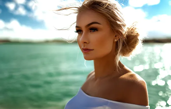 Sea, the sun, background, model, portrait, makeup, hairstyle, blonde