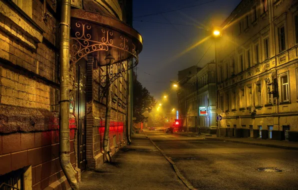 Picture road, night, house, street, HDR, lights, Moscow, Russia