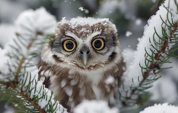 Animals, snow, funny, cute, owl, pines