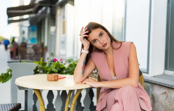 Look, girl, pose, hands, tattoo, long hair, table, Lisa