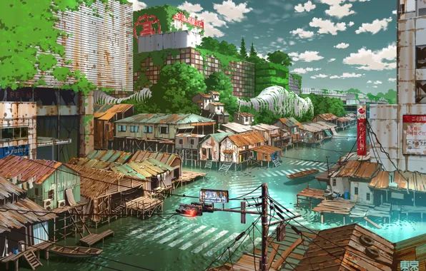 Water, Japan, fantasy, Tokyo, ruins