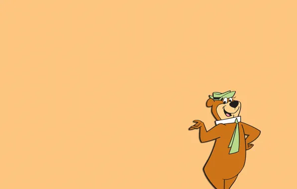 Smile, hat, minimalism, tie, gesture, Yogi Bear, light brown background, Yogi Bear