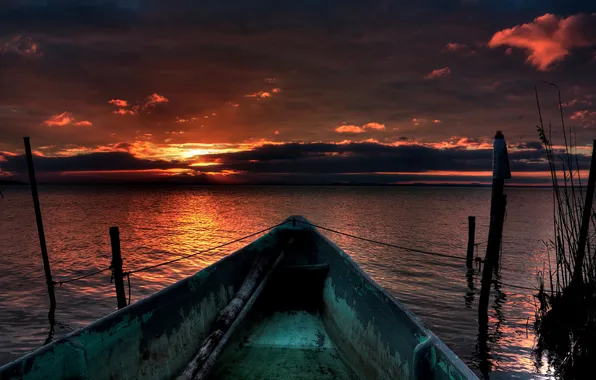 Sea, the sky, water, sunset, boat
