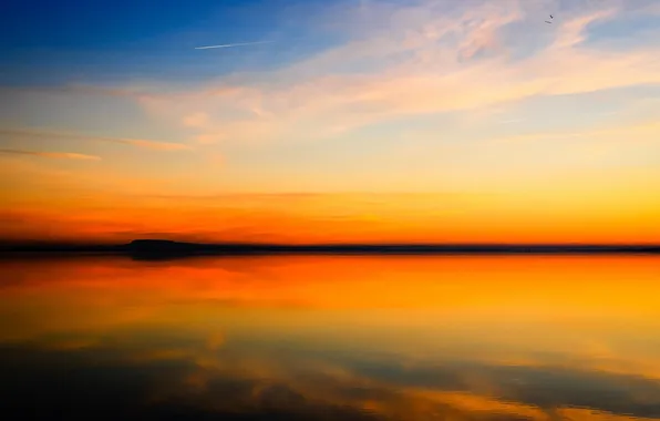 The sky, clouds, sunset, lake, reflection, mirror, horizon
