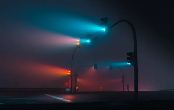 Picture City, Light, Green, Night, Yellow, RED, Fog, Traffic lights