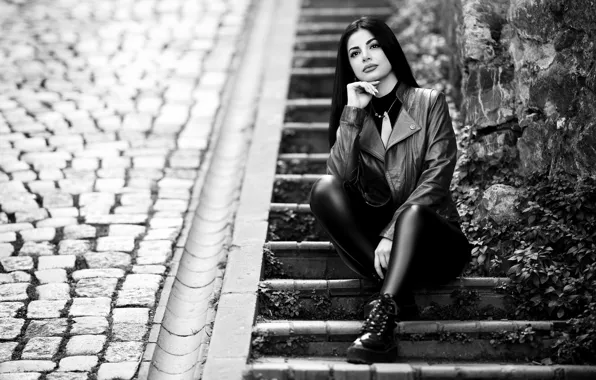 Wallpaper ladder, brunette, stage, girl, black and white photo