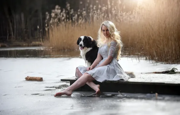 Picture girl, river, dog