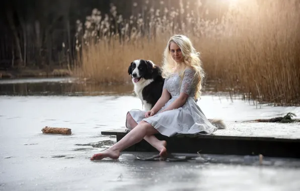 Girl, river, dog