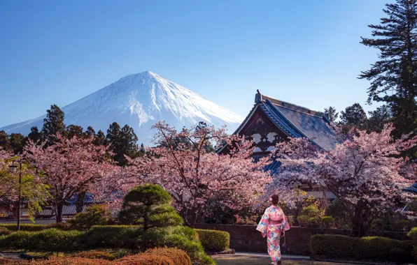 Picture trees, landscape, nature, house, Park, woman, Japanese, mountain