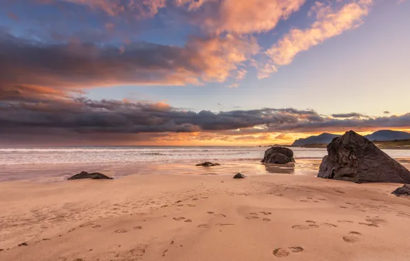 Sand, sea, beach, clouds, landscape, mountains, traces, nature