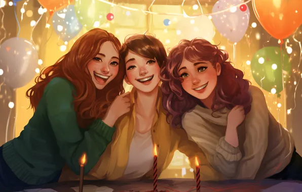 Picture Girls, Candles, Smile, Table, Christmas, New year, Balloons, Joy