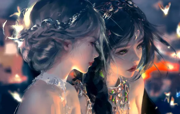 Girl, fantasy, green eyes, blue eyes, crown, elf, digital art, artwork