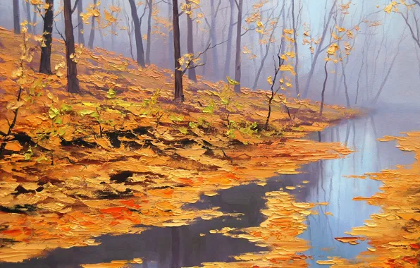 Picture autumn, leaves, trees, nature, river, art, artsaus