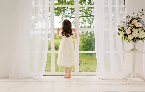 White, summer, flowers, the world, bouquet, dress, mystery, window